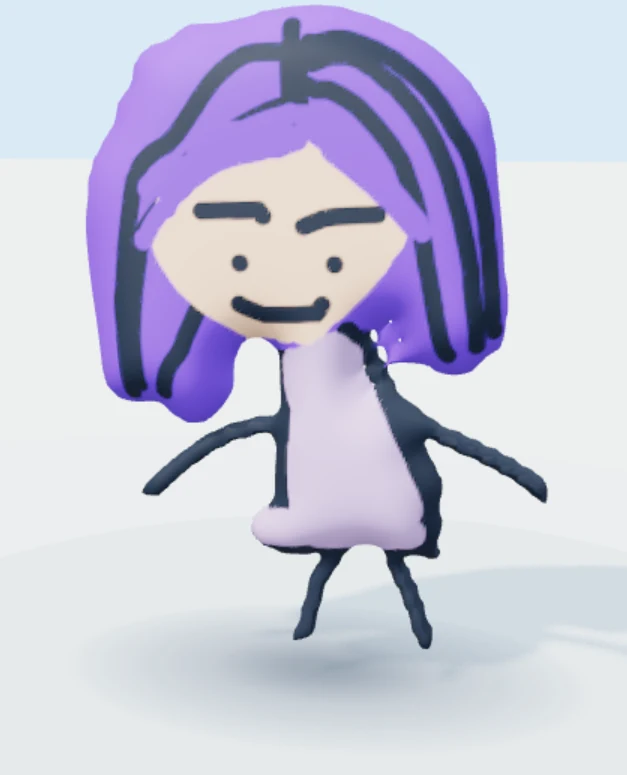 The same purple-haired character rendered in 3D